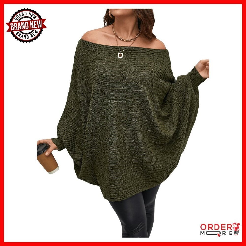 Plus Size Off Shoulder Long Sleeve Sweater Pullover Casual Rib Knit